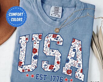 Camiseta USA Comfort Colors, Camiseta Flower USA, Camiseta del 4 de julio, Camiseta patriótica floral E9743