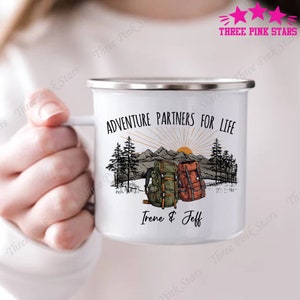 Backpacking Adventure Camping Mug, Personalized Engagement Wedding Mug, Hiking Mug, Backpack Campfire Cup E4923
