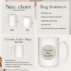 Op de afbeelding: Witte keramische koffiemokken in de maten 11oz en 15oz. De afbeelding bevat een maattabel met afmetingen in inches, belangrijke kenmerken en de tekst "Ceramic Mug Template". De mokken zijn vaatwasser- en magnetronbestendig.