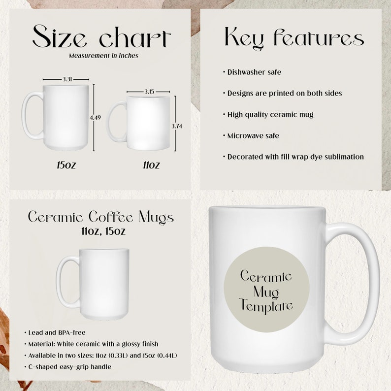 Op de afbeelding: Witte keramische koffiemokken in de maten 11oz en 15oz. De afbeelding bevat een maattabel met afmetingen in inches, belangrijke kenmerken en de tekst "Ceramic Mug Template". De mokken zijn vaatwasser- en magnetronbestendig.