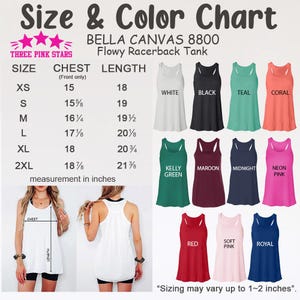 Op de afbeelding: Maattabel voor de Bella Canvas 8800 Flowy Racerback Tank, met borst- en lengtemaat in inches voor maten XS tot 2XL. De tabel toont de tank ook in verschillende kleuren: wit, zwart, teal, koraal, kelly groen, bordeauxrood, middernachtblauw, neon roze, rood, zacht roze en koninklijk blauw.