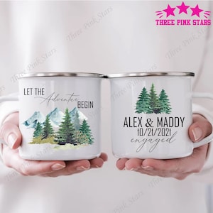 Personalized Engaged Mug, Wedding Gift Mountain Mug, Outdoor Campers Coffee Mug, Couple Adventure Mug, Camping Engagement Gifts E4895