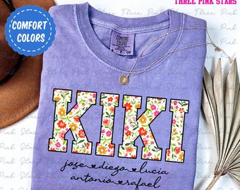 Personalized Kiki Comfort Colors Shirt, Floral Kiki Shirt, Kiki Shirt With Grandkids Names, Gift for Kiki, Gift foor Grandma E6251