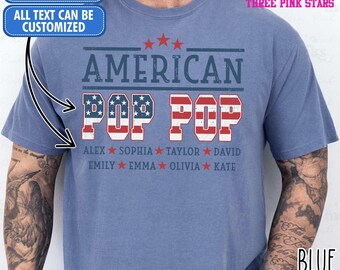 Camiseta personalizada American Pop Pop Comfort Colors, camiseta personalizada Pop Pop con la bandera de EE. UU. y nombres de niños E9747