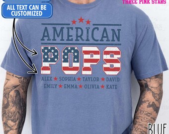 Camiseta personalizada American Pops Comfort Colors, camiseta personalizada Pops con la bandera de EE. UU. y nombres de niños E9748