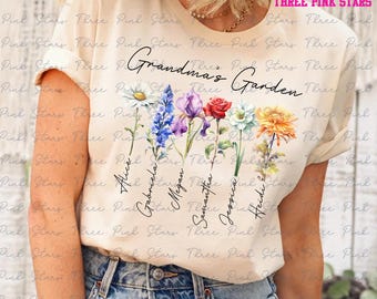 Può includere: Una maglietta beige con il testo "Grandma's Garden" e un disegno floreale. I fiori sono etichettati con i nomi Alice, Gabriela, Megan, Samantha, Jessica e Heidi.