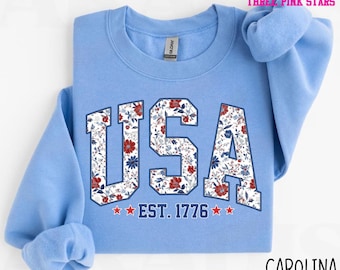 USA Sweatshirt, Flower USA Sweatshirt, 4th of July Sweatshirt, Floral Patriotic Sweater E9743