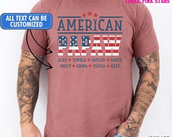 Camiseta/sudadera personalizada con la palabra "Papaw" (Papaw), camiseta personalizada con la bandera de EE. UU. y nombres de niños (E9746)
