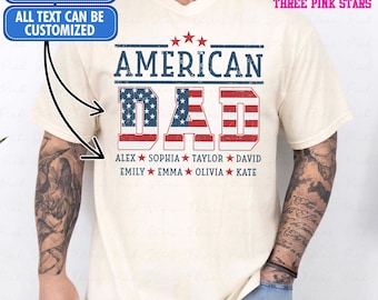 Camiseta personalizada American Dad Comfort Colors, camiseta personalizada con la bandera de EE. UU. y los nombres de los niños (E9744)