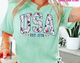 Camiseta de EE. UU., Camiseta de EE. UU. con flores, Camiseta del 4 de julio, Camiseta patriótica floral E9743