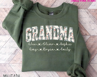 Moletom personalizado para a vovó, Moletom floral para a vovó, Presente personalizado para a vovó com os nomes dos filhos E8162