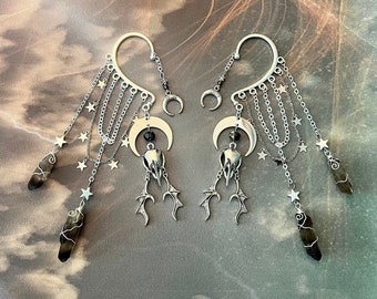 Smoky Quartz Raven Skull Ear Cuff: Gothic Dangle No Piercing Celestial Whimsigoth Earring