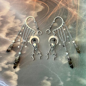 Smoky Quartz Raven Skull Ear Cuff: Gothic Dangle No Piercing Celestial Whimsigoth Earring