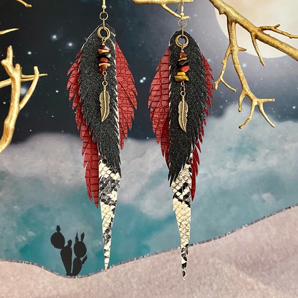 Snake Charmer faux leather feather earrings, boho earrings, snakeskin earrings, long earrings, faux leather earrings, sterling silver