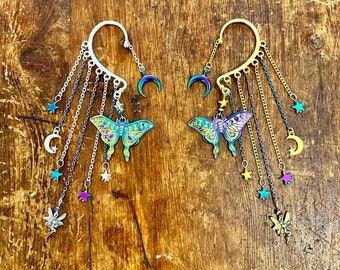Rainbow Moon Moth Ear Cuff: Fairy Non Pierced Ear Wrap, Fairycore Jewelry