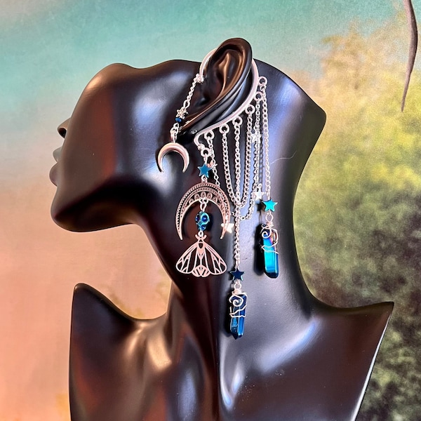 Luna Moth ear cuff with blue quartz, no piercing earrings, fantasy ear cuff, whimsigoth moth, moth wings, celestial dangle ear cuff