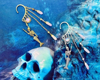 Siren Skeleton Mermaid ear cuff with quartz crystal, mermaid skeleton ear cuff, no piercing earring, gothic mermaid, whimsigoth ear wrap