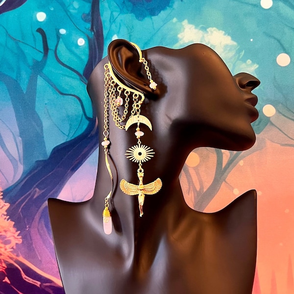 Rising Sun Goddess ear cuff with rose quartz crystal, goddess wings headpiece, goddess earring, no piercing earring, goddess costume jewelry