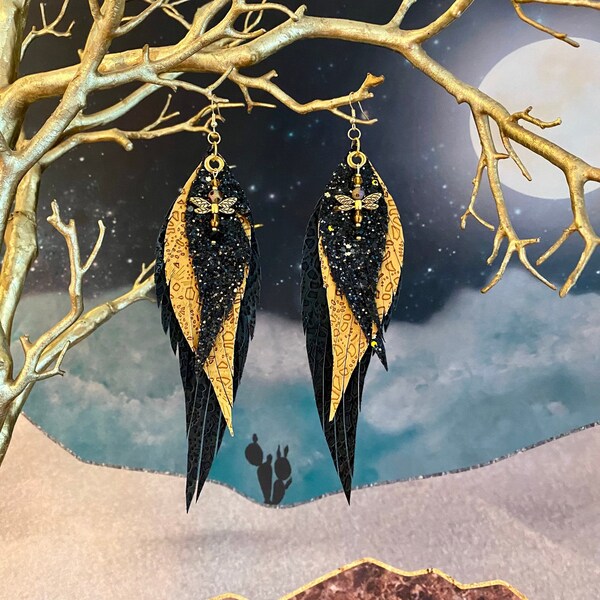 Midnight Dragonfly faux leather feather earrings, boho earrings, faux leather earrings, long earrings, dragonfly jewelry, black and gold