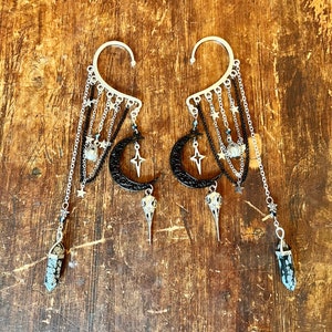 Obsidian Raven Skull Ear Cuff: Gothic Moon & Star Dangle, No Piercing Whimsigoth Crow Earring