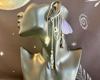 Rainbow Crystal Fairy Wings ear cuff, non pierced earrings, fairy ear wrap, purple fairy wing ear cuff, no piercing festival fairy wear