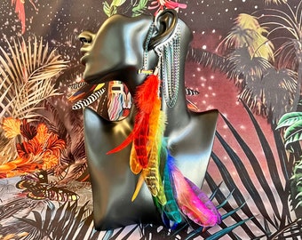 Love Rainbow Feather ear cuff with rainbow chains, pride ear cuff, lgbtqia+ pride jewelry, rainbow headpiece, statement feather headpiece