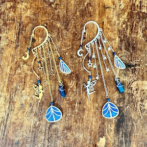 Blue Crystal Fairy Wings ear cuff, no piercing earring, fantasy ear cuff, fairycore jewelry, dangle ear cuff, fairy ear wrap fairy headpiece