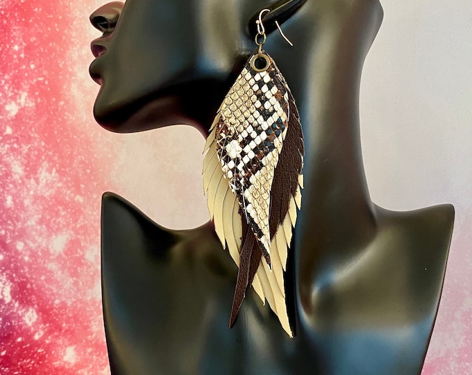 Natural Snakeskin genuine leather and faux leather feather earrings recycled leather jewelry snakeskin earrings boho earrings