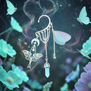 Opalite Luna Moth Ear Cuff: No Piercing Wing Ear Wrap, Fairycore Jewelry
