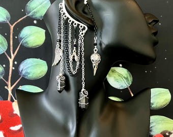 Dark Raven Skull Ear Cuff: Black Quartz Crystal Gothic Earring, No Piercing, Crow Jewelry