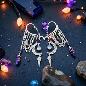 Luna Raven Ear Cuff: Purple Quartz Crystal, Whimsigoth No Piercing Ear Wrap, Gothic Moon