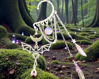 Drachen Mond Ohrmanschette: Silber & Lila Quarz Kristall Wrap, Renaissance Fair Ohrring