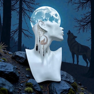 Obsidian Wolf Moon Ear Cuff: Stainless Steel Dreamcatcher Ear Wrap, No Piercing Earring