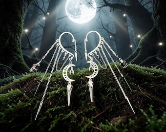 Raven Skull Ear Cuff: Black Quartz Moon, Gothic No Piercing Earring, Whimsigoth Crystal Crow