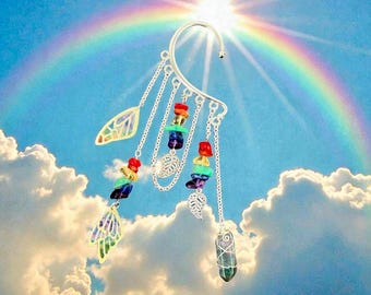 Pendiente tipo ala de mariposa con cristales arcoíris: Joyería para festivales del orgullo LGBTQ+, sin necesidad de perforación.