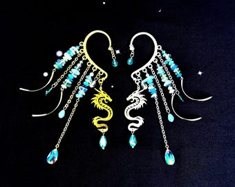Water Dragon Ear Cuff: Gemstone Dangle, No Piercing Ear Wrap, Renaissance Fair Jewelry