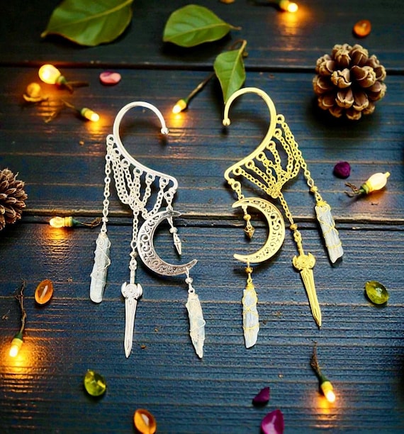 Kyanite Moon Ear Cuff: Silver Celestial Dangle Ear Wrap, No 