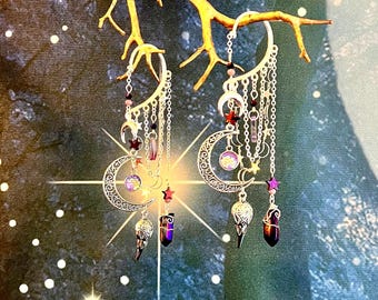 Luna Raven Ear Cuff: Purple Quartz Crystal, Whimsigoth No Piercing Ear Wrap, Gothic Moon