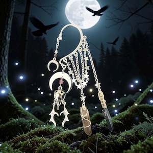 Smoky Quartz Raven Skull Ear Cuff: Gothic Dangle No Piercing Celestial Whimsigoth Earring