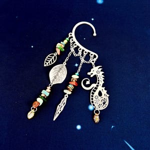 Earth Dragon Ear Cuff: Gemstone Stainless Steel Ear Wrap, No Piercing Jewelry, Renaissance Fair
