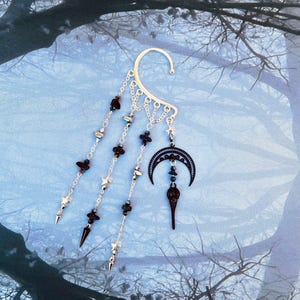 Gothic Raven Moon Ear Cuff: Black Crow Skull Ear Wrap, No Piercing, Whimsigoth Jewelry