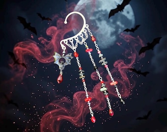 Vampire Bat Ear Cuff: Gothic Dangle Earring, Red Gemstones, No Piercing Whimsigoth Jewelry
