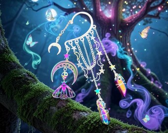 Rainbow Luna Moth Ear Cuff: Quartz Crystal Dangle, No Piercing Whimsigoth Earring