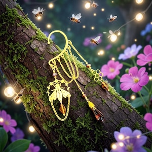 Queen Bee Dangle Ear Cuff: Honeycomb Fairycore Ear Wrap, No Piercing Earring