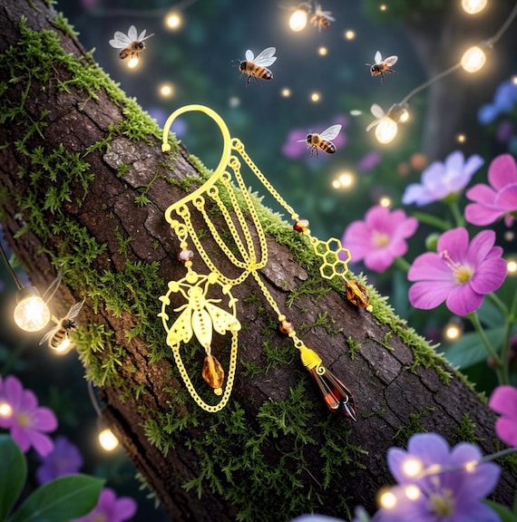 Queen Bee Dangle Ear Cuff: Honeycomb Fairycore Ear Wrap, No Piercing Earring