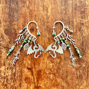 Forest Dragon Ear Cuff: Gemstone Stainless Steel Ear Wrap, No Piercing Renaissance Fair Jewelry