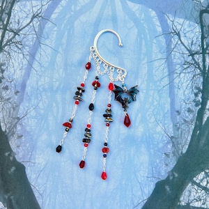 Vampire Bat Ear Cuff: Gothic Dangle Earring, Red Gemstones, No Piercing Whimsigoth Jewelry