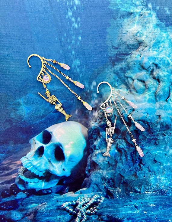 Siren Skeleton Mermaid Ear Cuff With Quartz Crystal, Mermaid