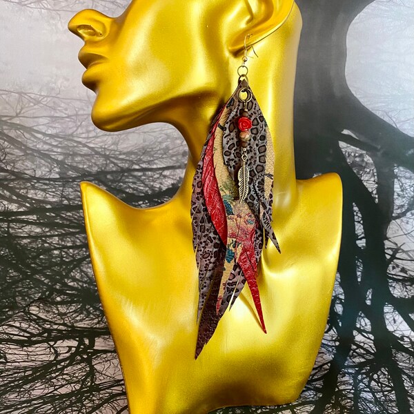 Rose Warrior faux leather feather earrings, boho earrings, floral earrings, rose jewelry, jasper beads, feather charms, sterling silver