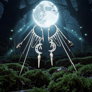 Raven Skull Ear Cuff: Black Quartz Moon, Gothic No Piercing Earring, Whimsigoth Crystal Crow